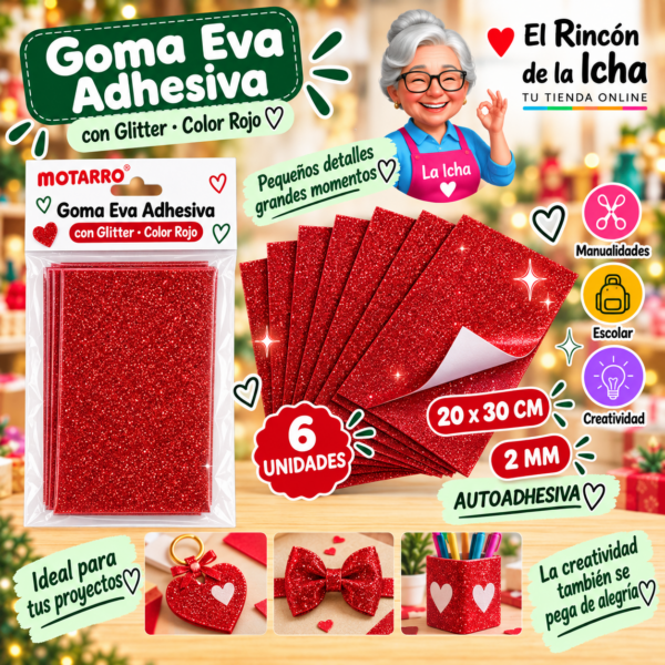 RI-0005673 Goma Eva Adhesiva con Glitter Rojo 20 x 30 cm 2 mm - 6 Unidades Motarro