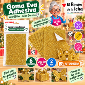 RI-0005674 Goma Eva Adhesiva con Glitter Dorado 20 x 30 cm 2 mm - 6 Unidades Motarro