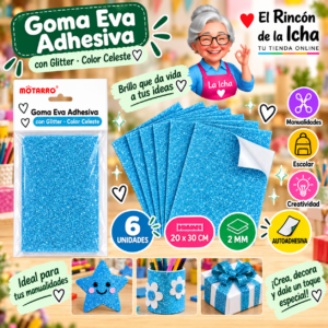 RI-0005675 Goma Eva Adhesiva con Glitter Celeste 20 x 30 cm 2 mm - 6 Unidades Motarro