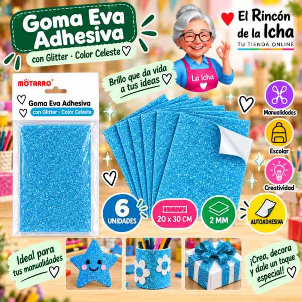 RI-0005675 Goma Eva Adhesiva con Glitter Celeste 20 x 30 cm 2 mm - 6 Unidades Motarro
