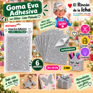 RI-0005676 Goma Eva Adhesiva con Glitter Plateado 20 x 30 cm 2 mm - 6 Unidades Motarro
