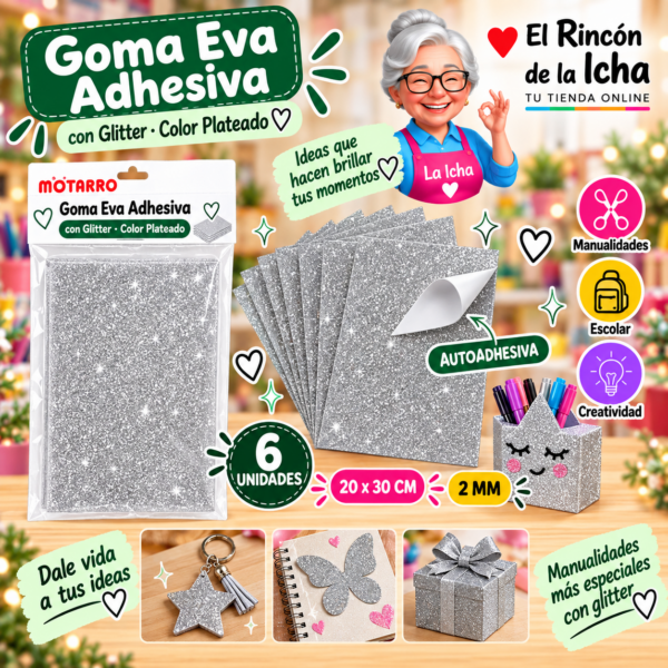 RI-0005676 Goma Eva Adhesiva con Glitter Plateado 20 x 30 cm 2 mm - 6 Unidades Motarro
