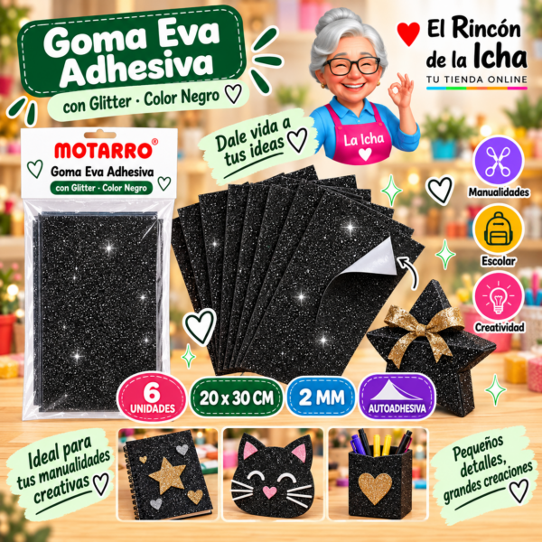 RI-0005677 Goma Eva Adhesiva con Glitter Negro 20 x 30 cm 2 mm - 6 Unidades Motarro