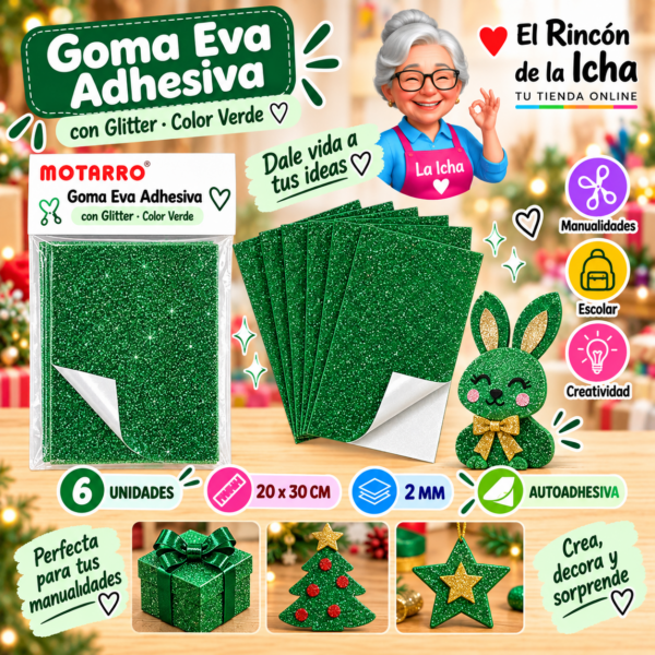RI-0005678 Goma Eva Adhesiva con Glitter Verde 20 x 30 cm 2 mm - 6 Unidades Motarro