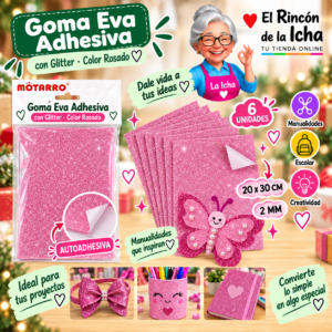 RI-0005679 Goma Eva Adhesiva con Glitter Rosado 20 x 30 cm 2 mm - 6 Unidades Motarro