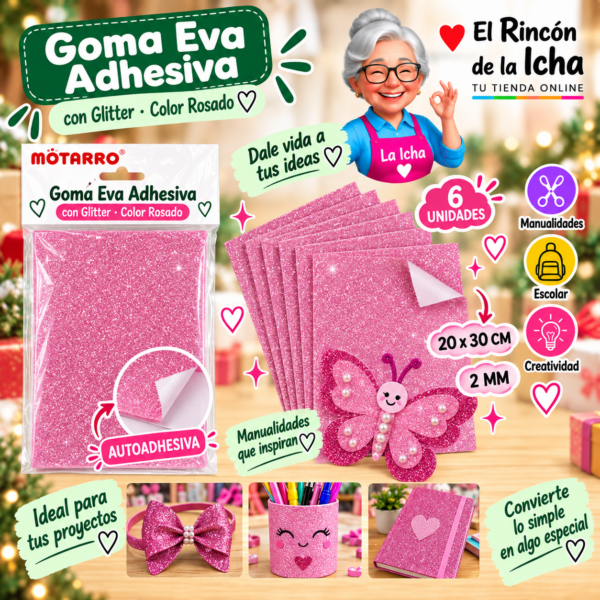 RI-0005679 Goma Eva Adhesiva con Glitter Rosado 20 x 30 cm 2 mm - 6 Unidades Motarro