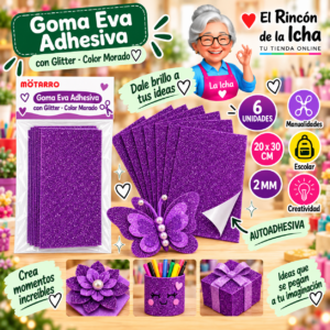 RI-0005681 Goma Eva Adhesiva con Glitter Morado 20 x 30 cm 2 mm - 6 Unidades Motarro