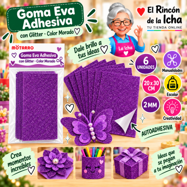 RI-0005681 Goma Eva Adhesiva con Glitter Morado 20 x 30 cm 2 mm - 6 Unidades Motarro