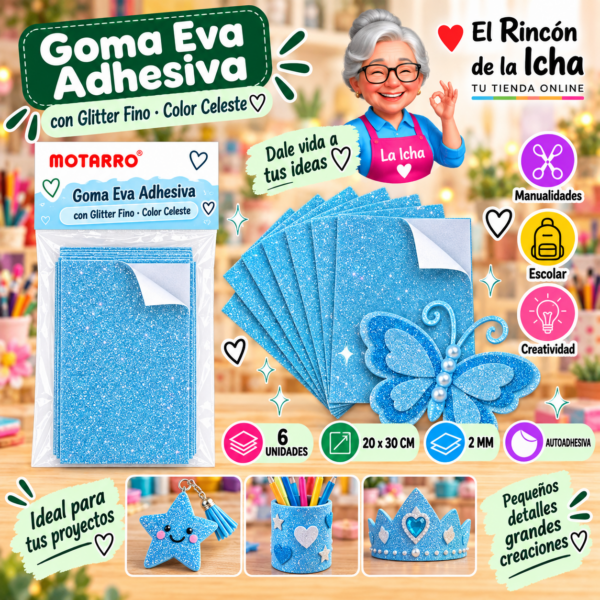 RI-0005683 Goma Eva Adhesiva con Glitter Fino Celeste 20 x 30 cm 2 mm - 6 Unidades Motarro