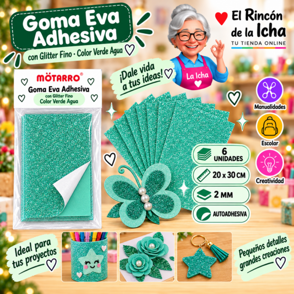 RI-0005684 Goma Eva Adhesiva con Glitter Fino Verde Agua 20 x 30 cm 2 mm - 6 Unidades Motarro
