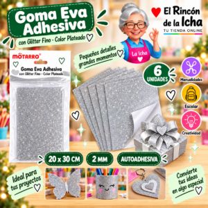 RI-0005685 Goma Eva Adhesiva con Glitter Fino Plateado 20 x 30 cm 2 mm - 6 Unidades Motarro