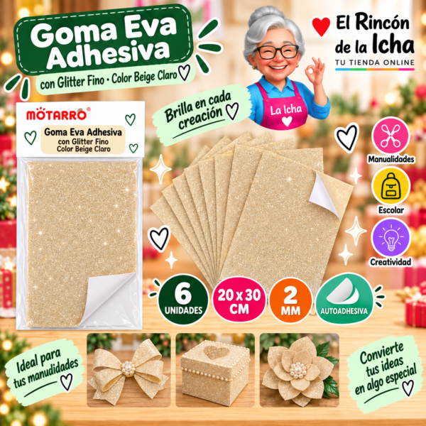 RI-0005686 Goma Eva Adhesiva con Glitter Fino Beige Claro 20 x 30 cm 2 mm - 6 Unidades Motarro