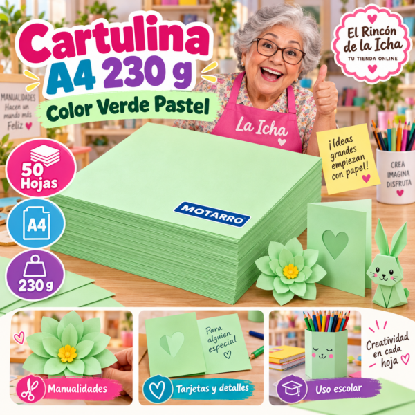 RI-0005688 Cartulina A4 230 g Verde Pastel - 50 Hojas Motarro