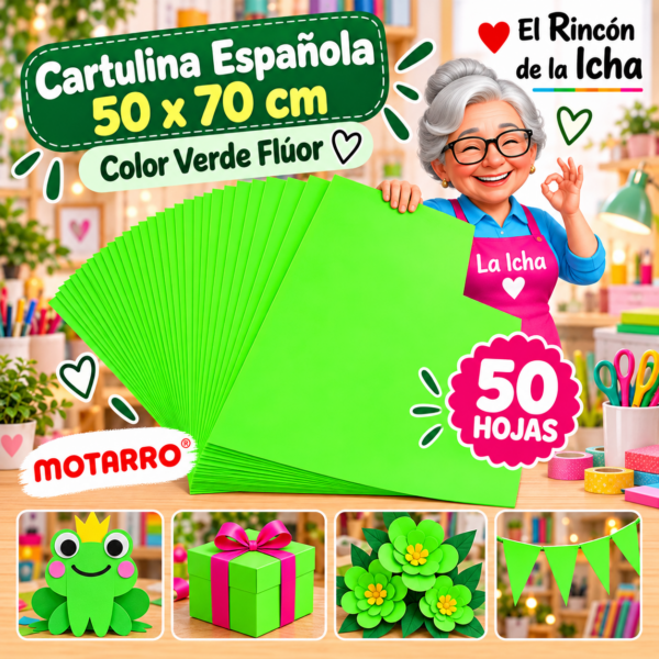 RI-0005724 Cartulina Española 50 x 70 cm Verde Flúor - 50 Hojas Motarro