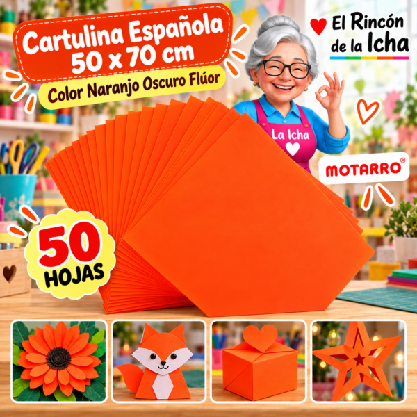 Cartulina Española 50 x 70 cm Naranjo Oscuro Flúor - 50 Hojas Motarro