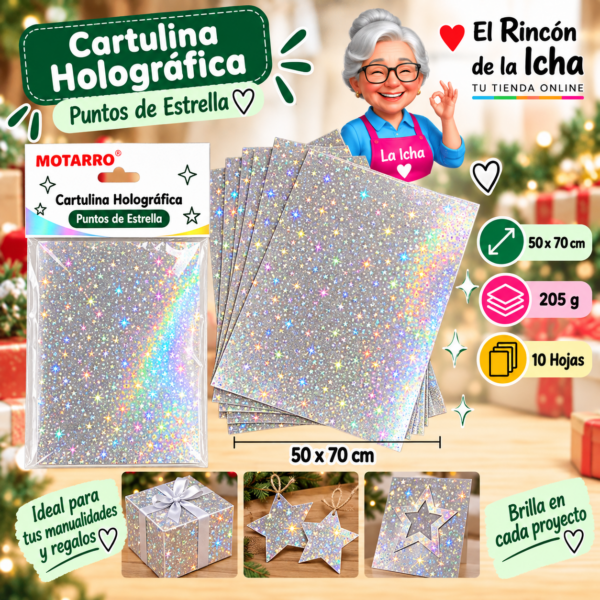 Cartulina Metálica Holográfica 50 x 70 cm 205 g Puntos de Estrella - 10 Hojas Motarro