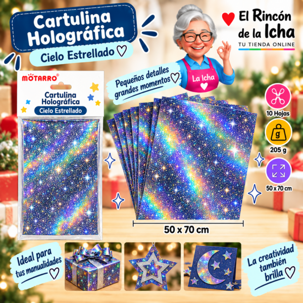 Cartulina Metálica Holográfica 50 x 70 cm 205 g Cielo Estrellado - 10 Hojas Motarro