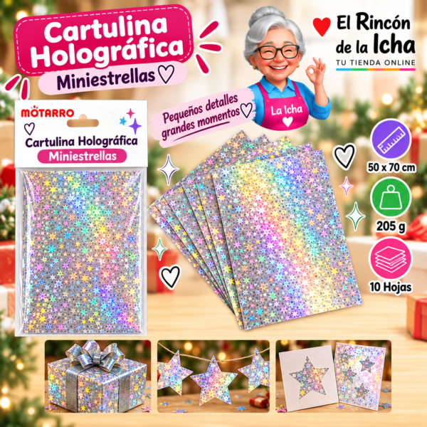 Cartulina Metálica Holográfica 50 x 70 cm 205 g Miniestrellas - 10 Hojas Motarro