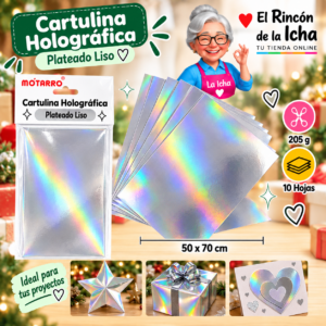 RI-0005744 Cartulina Metálica Holográfica 50 x 70 cm 205 g Plateado Liso - 10 Hojas Motarro