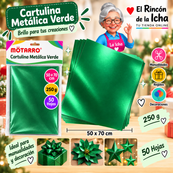 RI-0005746 Cartulina Metálica 50 x 70 cm 250 g Verde - 50 Hojas Motarro