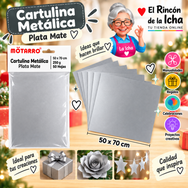 RI-0005748 Cartulina Metálica 50 x 70 cm 250 g Plata Mate - 50 Hojas Motarro