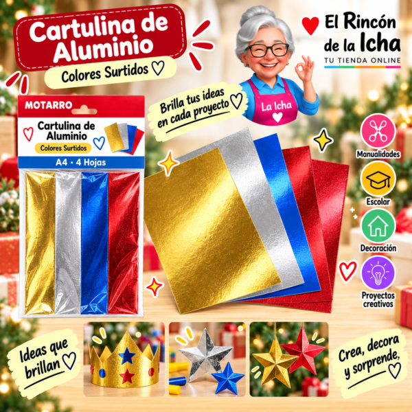 RI-0005753 Cartulina de Aluminio A4 Colores Surtidos - 4 Hojas Motarro