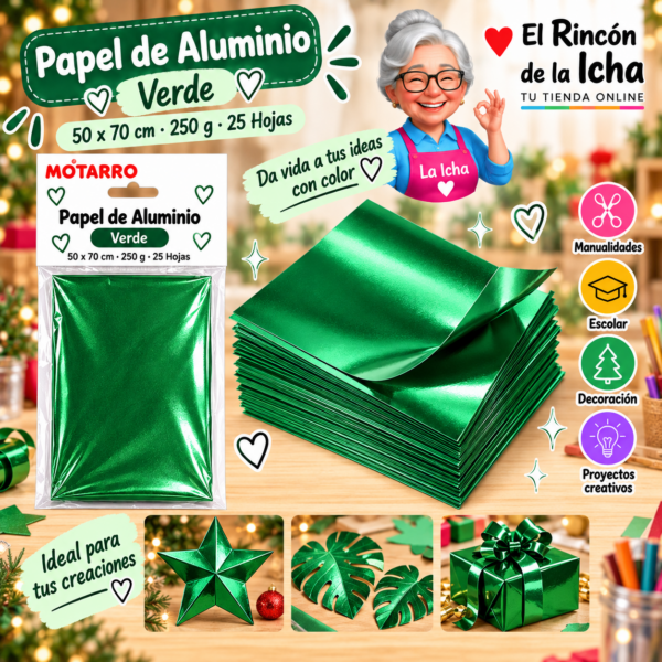 RI-0005756 Papel de Aluminio 50 x 70 cm 250 g Verde - 25 Hojas Motarro