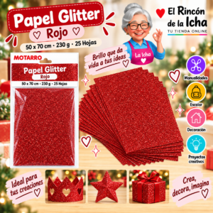 RI-0005760 Papel Glitter 50 x 70 cm 230 g Rojo - 25 Hojas Motarro
