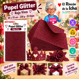 RI-0005761 Papel Glitter 50 x 70 cm 230 g Rojo Vino - 25 Hojas Motarro