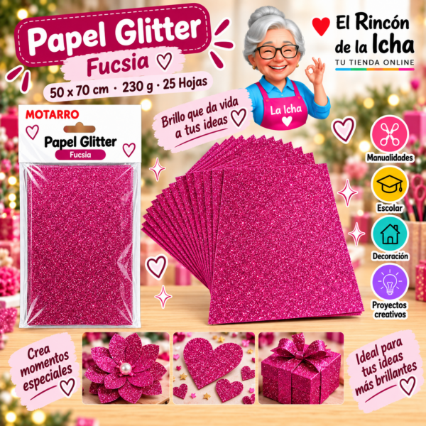 RI-0005762 Papel Glitter 50 x 70 cm 230 g Fucsia - 25 Hojas Motarro