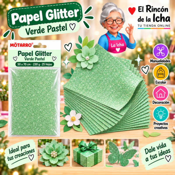 RI-0005763 Papel Glitter 50 x 70 cm 230 g Verde Pastel - 25 Hojas Motarro