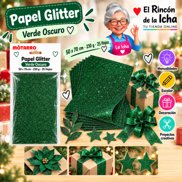 RI-0005764 Papel Glitter 50 x 70 cm 230 g Verde Oscuro - 25 Hojas Motarro