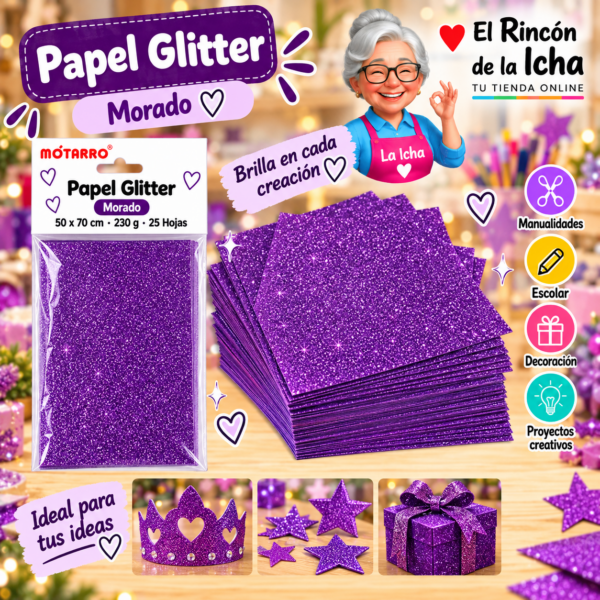 RI-0005765 Papel Glitter 50 x 70 cm 230 g Morado - 25 Hojas Motarro