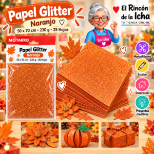 RI-0005766 Papel Glitter 50 x 70 cm 230 g Naranjo - 25 Hojas Motarro