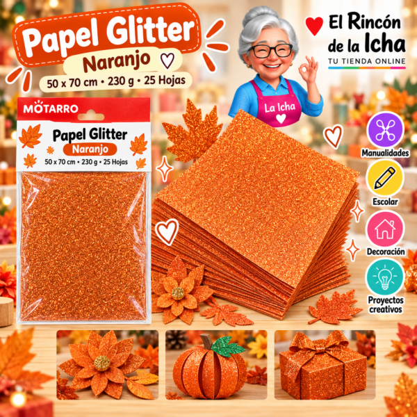 RI-0005766 Papel Glitter 50 x 70 cm 230 g Naranjo - 25 Hojas Motarro