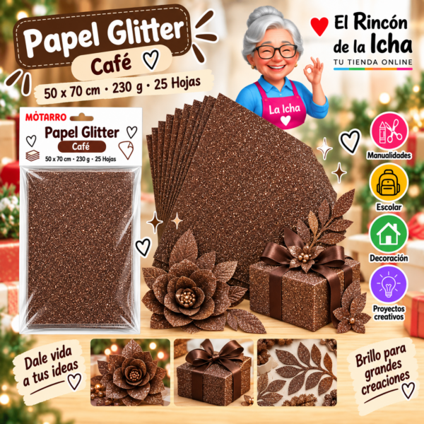 RI-0005767 Papel Glitter 50 x 70 cm 230 g Café - 25 Hojas Motarro