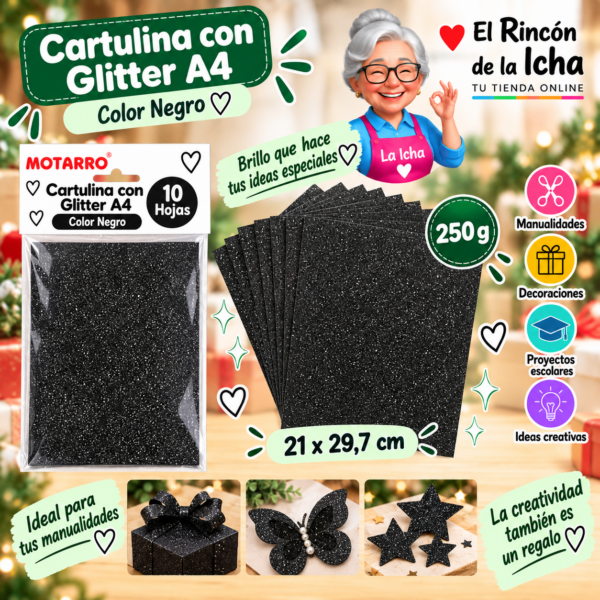 RI-0005785 Cartulina con Glitter A4 250 g Negro - 10 Hojas