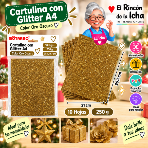 RI-0005793 Cartulina con Glitter A4 250 g Oro Oscuro - 10 Hojas