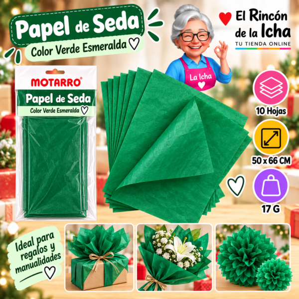 RI-0005838 Papel de Seda 50 x 66 cm 17 g 10 Hojas Verde Esmeralda
