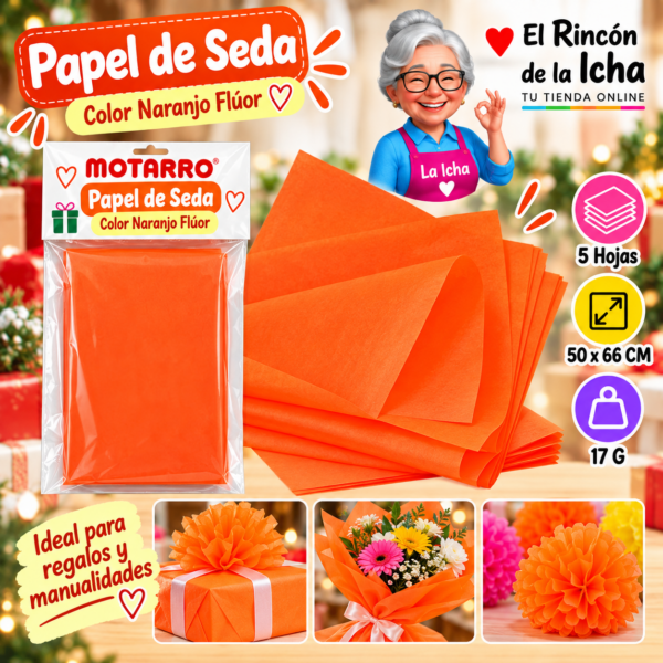 RI-0005846 Papel de Seda 50 x 66 cm 17 g 5 Hojas Naranjo Flúor