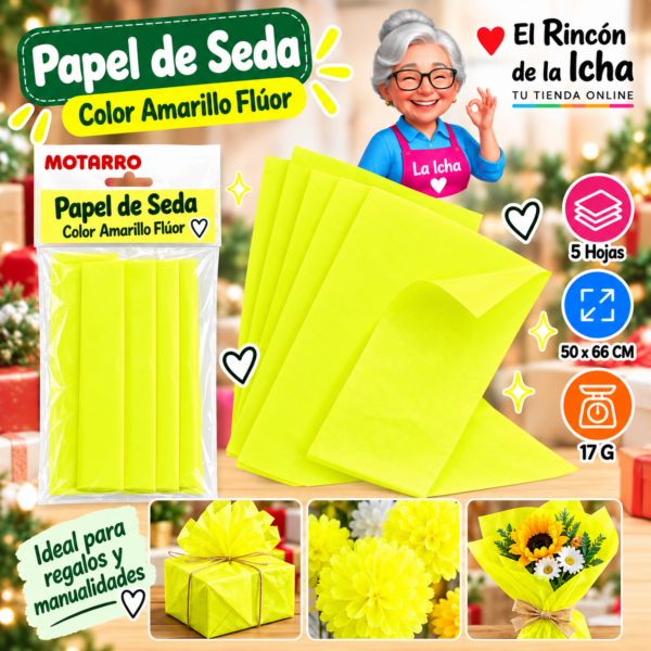 RI-0005847 Papel de Seda 50 x 66 cm 17 g 5 Hojas Amarillo Flúor