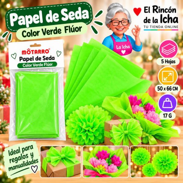 RI-0005848 Papel de Seda 50 x 66 cm 17 g 5 Hojas Verde Flúor