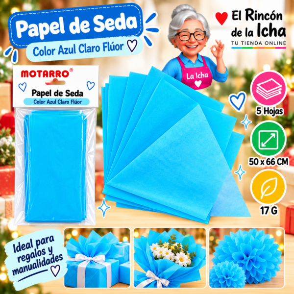 RI-0005849 Papel de Seda 50 x 66 cm 17 g 5 Hojas Azul Claro Flúor