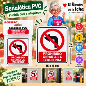 RI-0005934 Señalética PVC 15 x 15 cm Prohibido Girar a la Izquierda