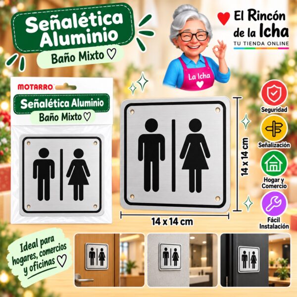 RI-0005942 Señalética Aluminio 14 x 14 cm Baño Mixto