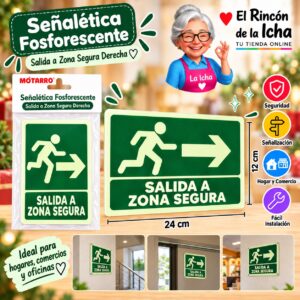 RI-0005944 Señalética Fosforescente 12 x 24 cm Salida a Zona Segura Derecha