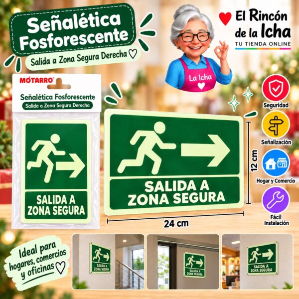 RI-0005944 Señalética Fosforescente 12 x 24 cm Salida a Zona Segura Derecha