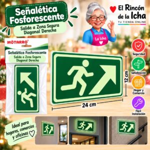 RI-0005945 Señalética Fosforescente 12 x 24 cm Salida a Zona Segura Diagonal Derecha