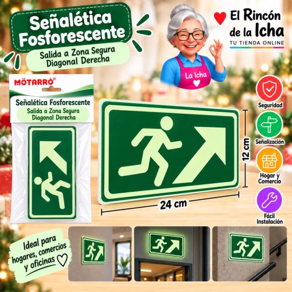 RI-0005945 Señalética Fosforescente 12 x 24 cm Salida a Zona Segura Diagonal Derecha