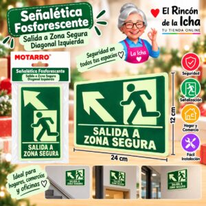 RI-0005946 Señalética Fosforescente 12 x 24 cm Salida a Zona Segura Diagonal Izquierda
